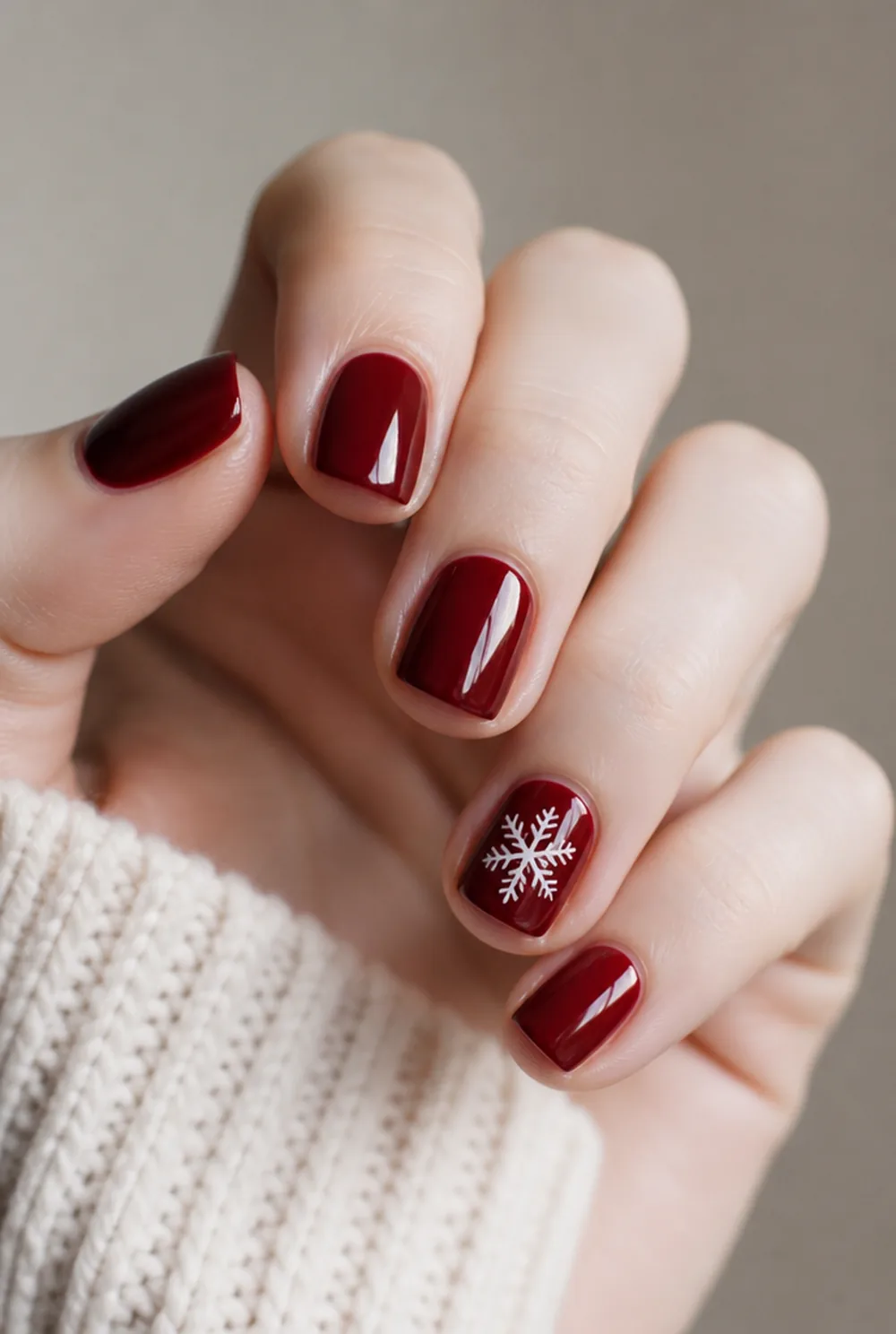 snowflake on red nail art on fair skin, short length