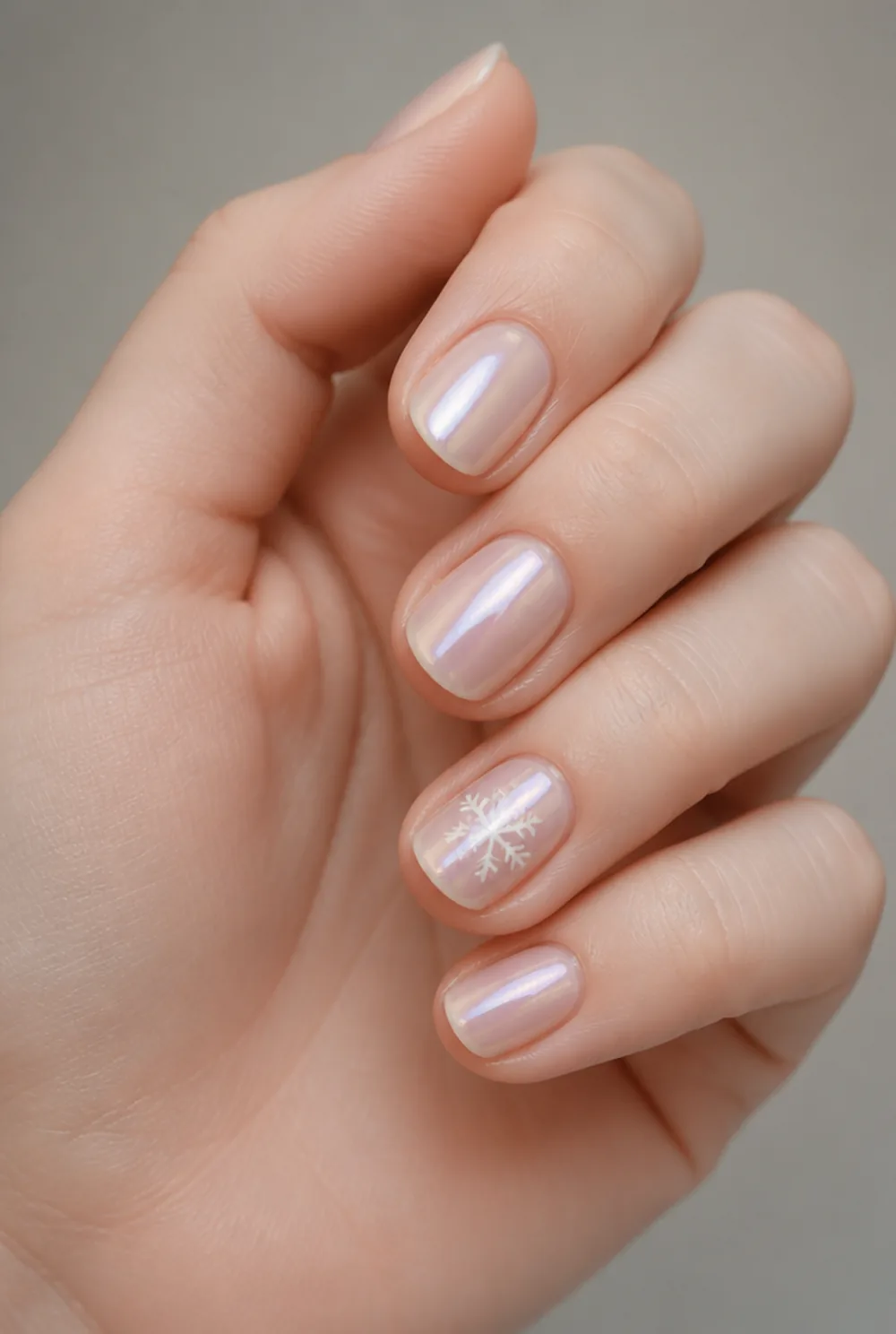 snowflake and chrome nail art on fair skin, short length