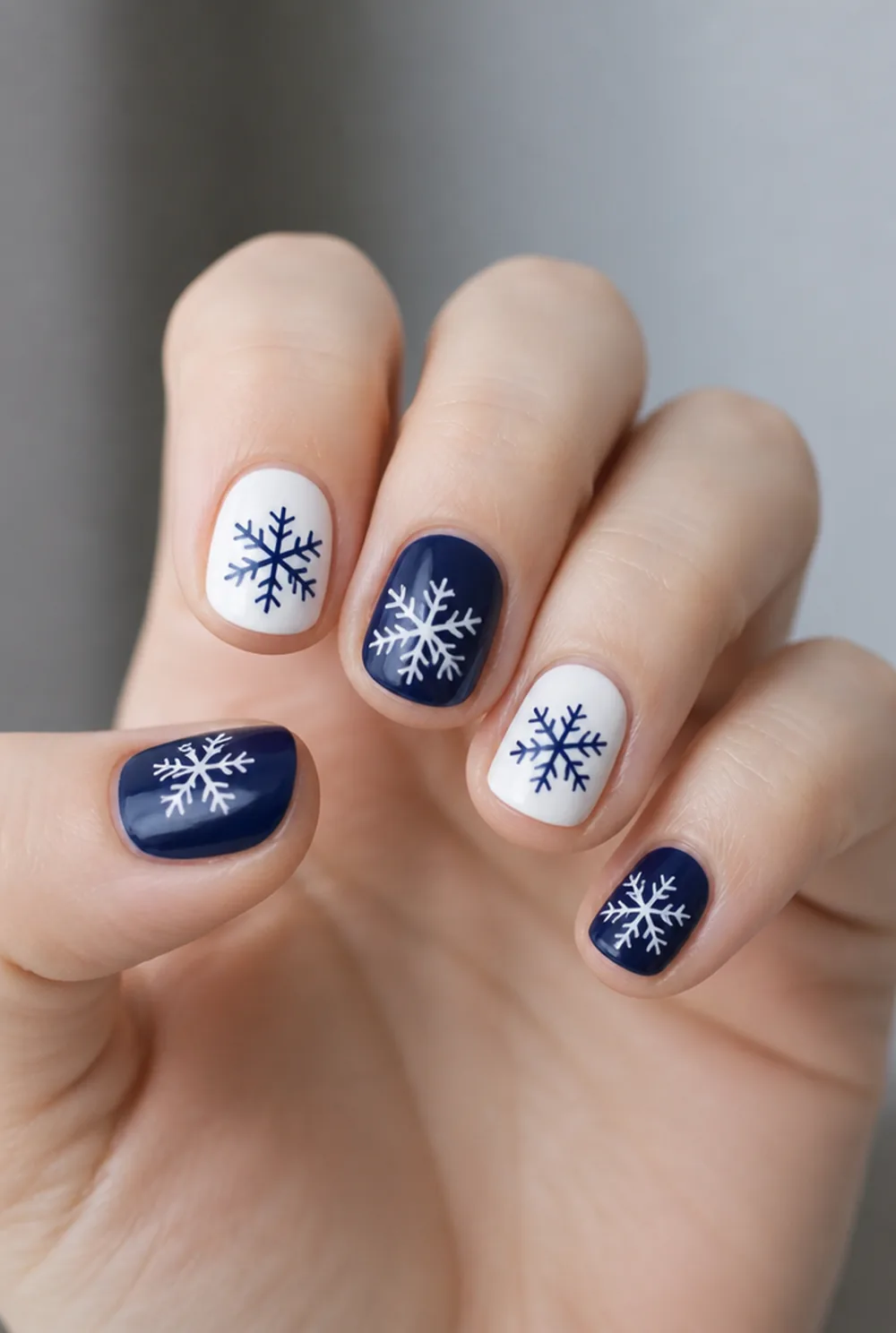 two-tone flake set nail art on fair skin, short length