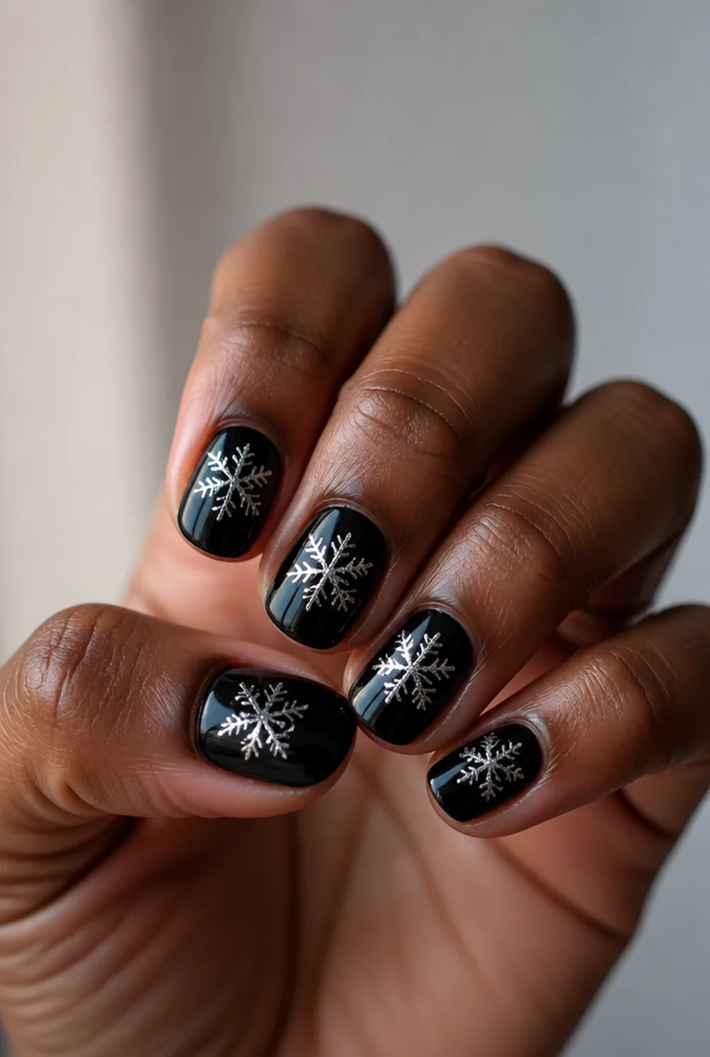 silver flake on black nail art on deep brown skin