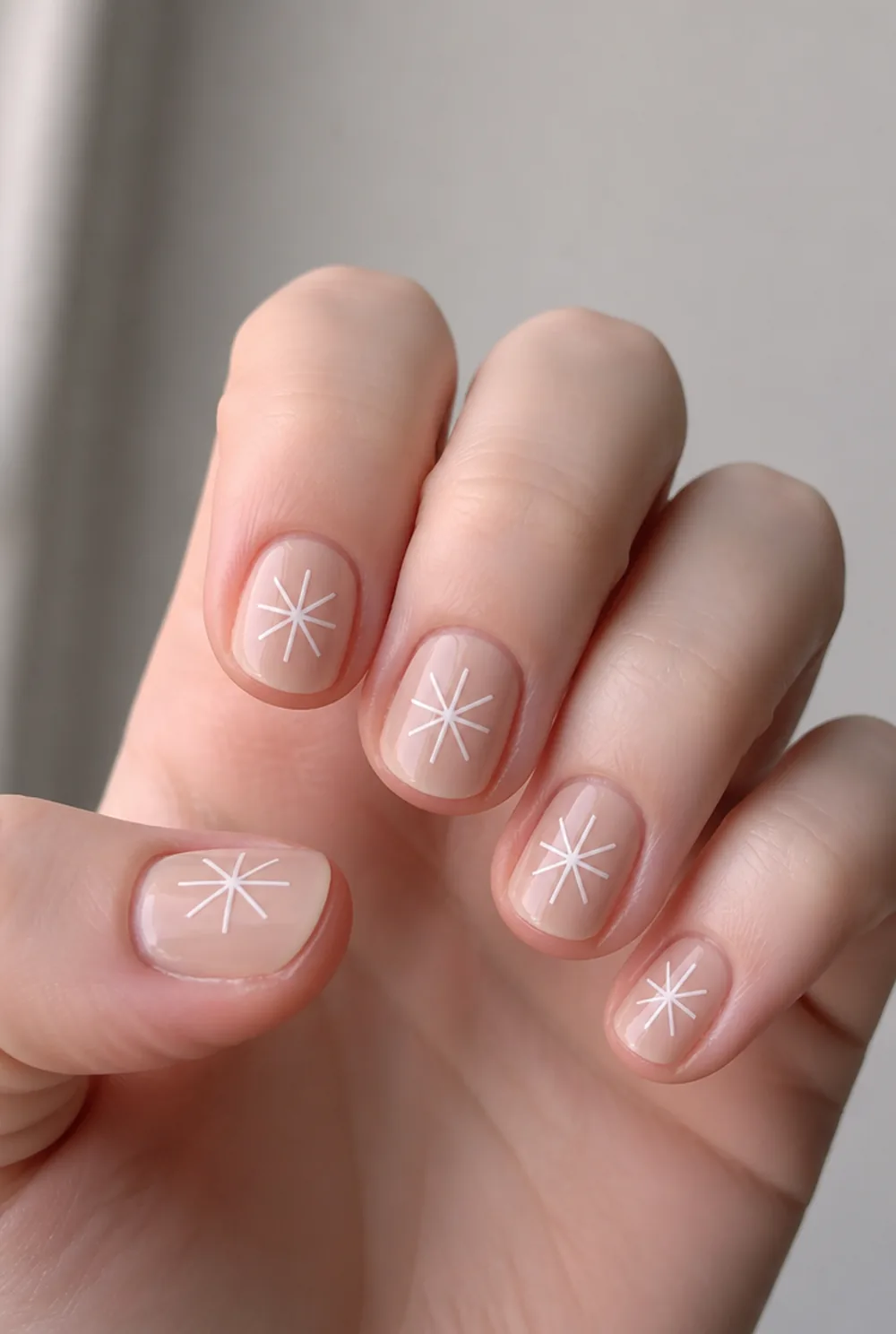 minimalist three-stroke flake nail art on fair skin, short length