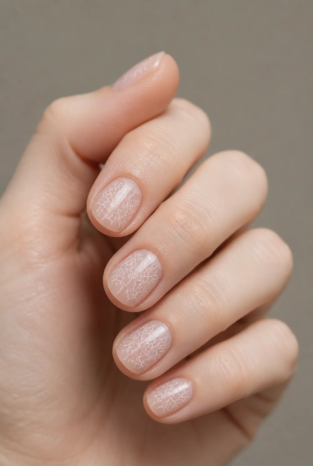 frosted windowpane nail art on fair skin, short length