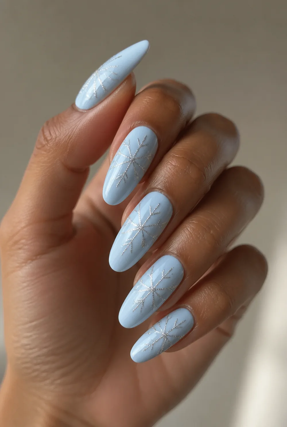 glitter flake outline nail art on olive skin, long length