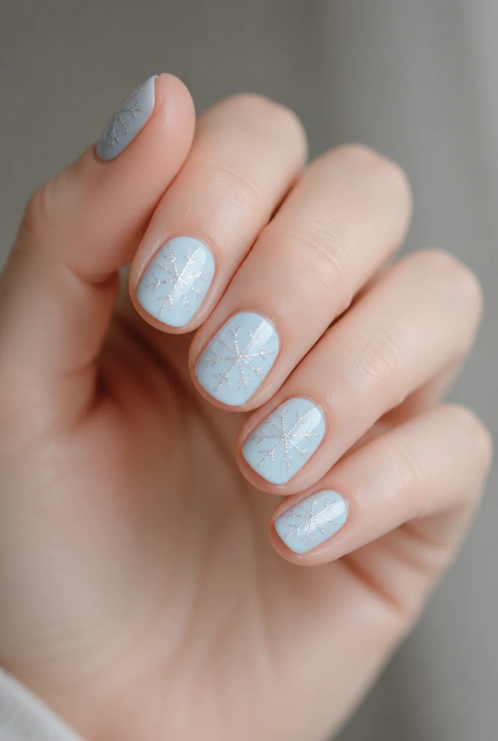glitter flake outline nail art on fair skin, short length