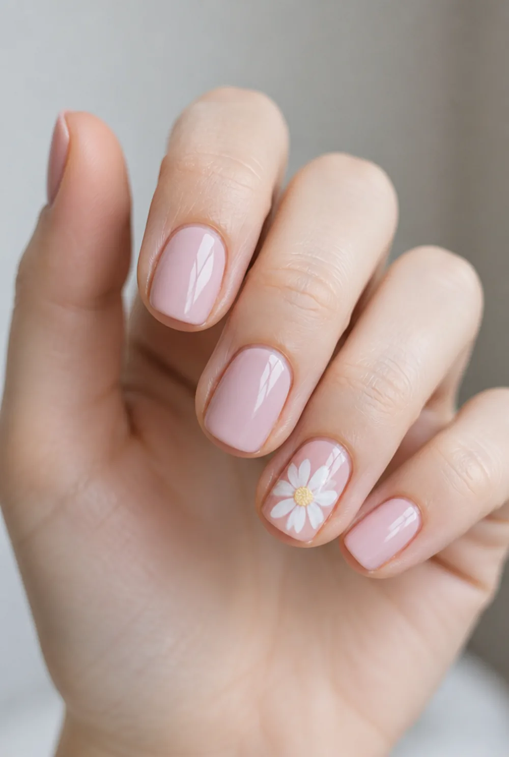 daisy accent nail art on fair skin short length - PolishedAndPrettyNails.com daisy accent nail art on fair skin, short length