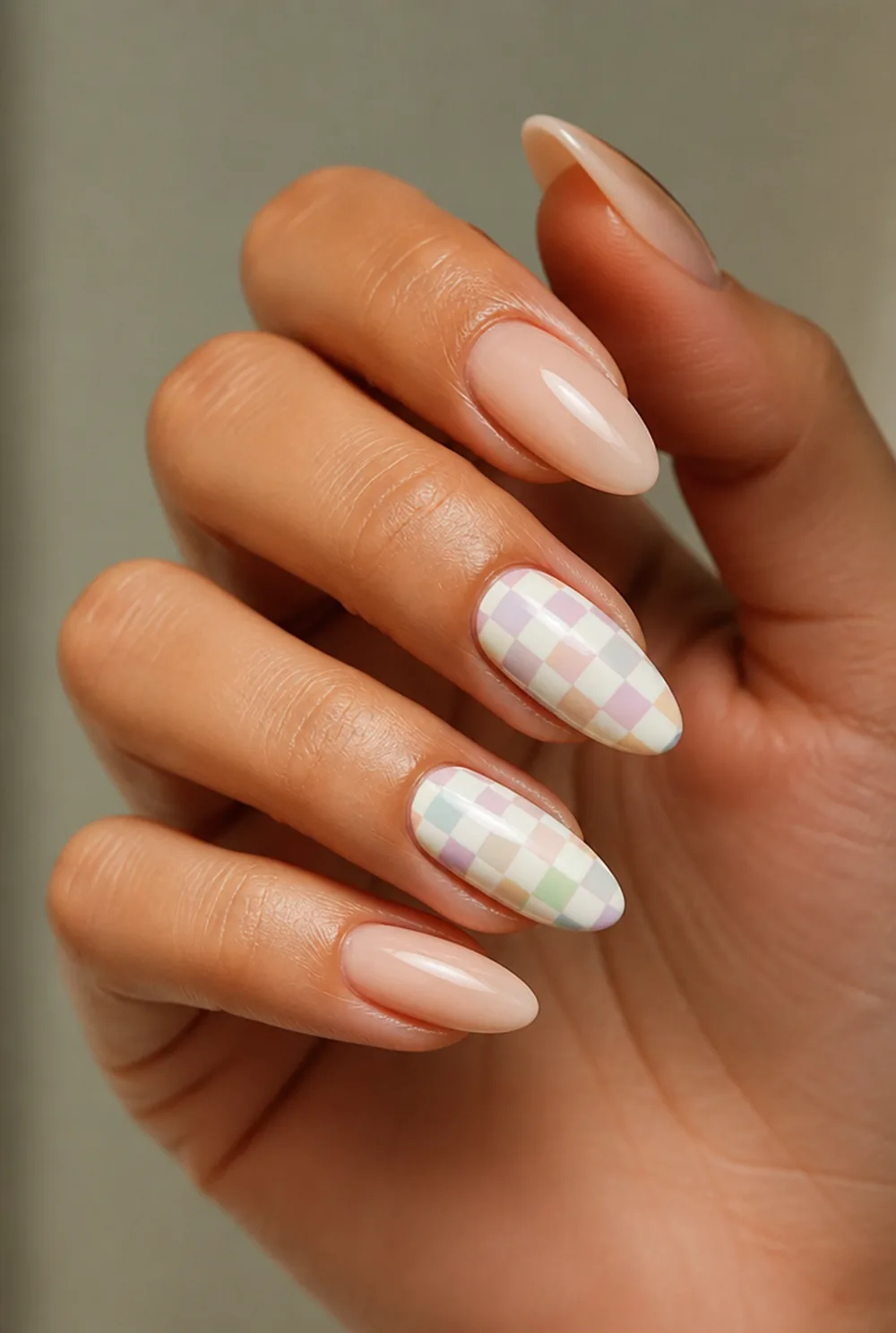 checkerboard accent nail art on olive skin long length - PolishedAndPrettyNails.com checkerboard accent nail art on olive skin, long length