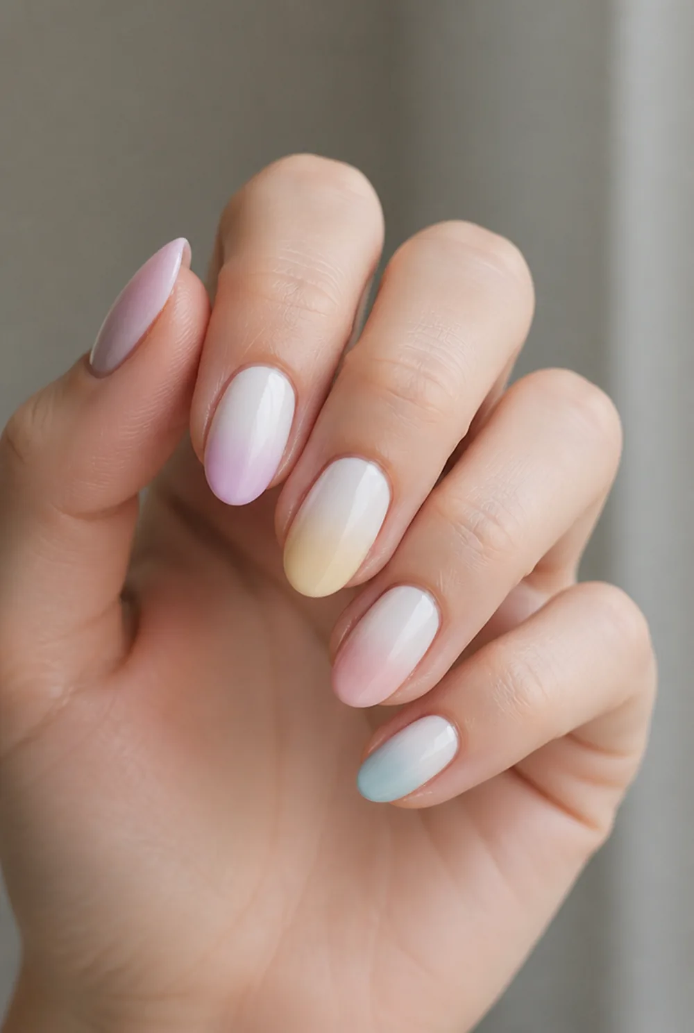 pastel ombre nail art on fair skin short length - PolishedAndPrettyNails.com pastel ombre nail art on fair skin, short length