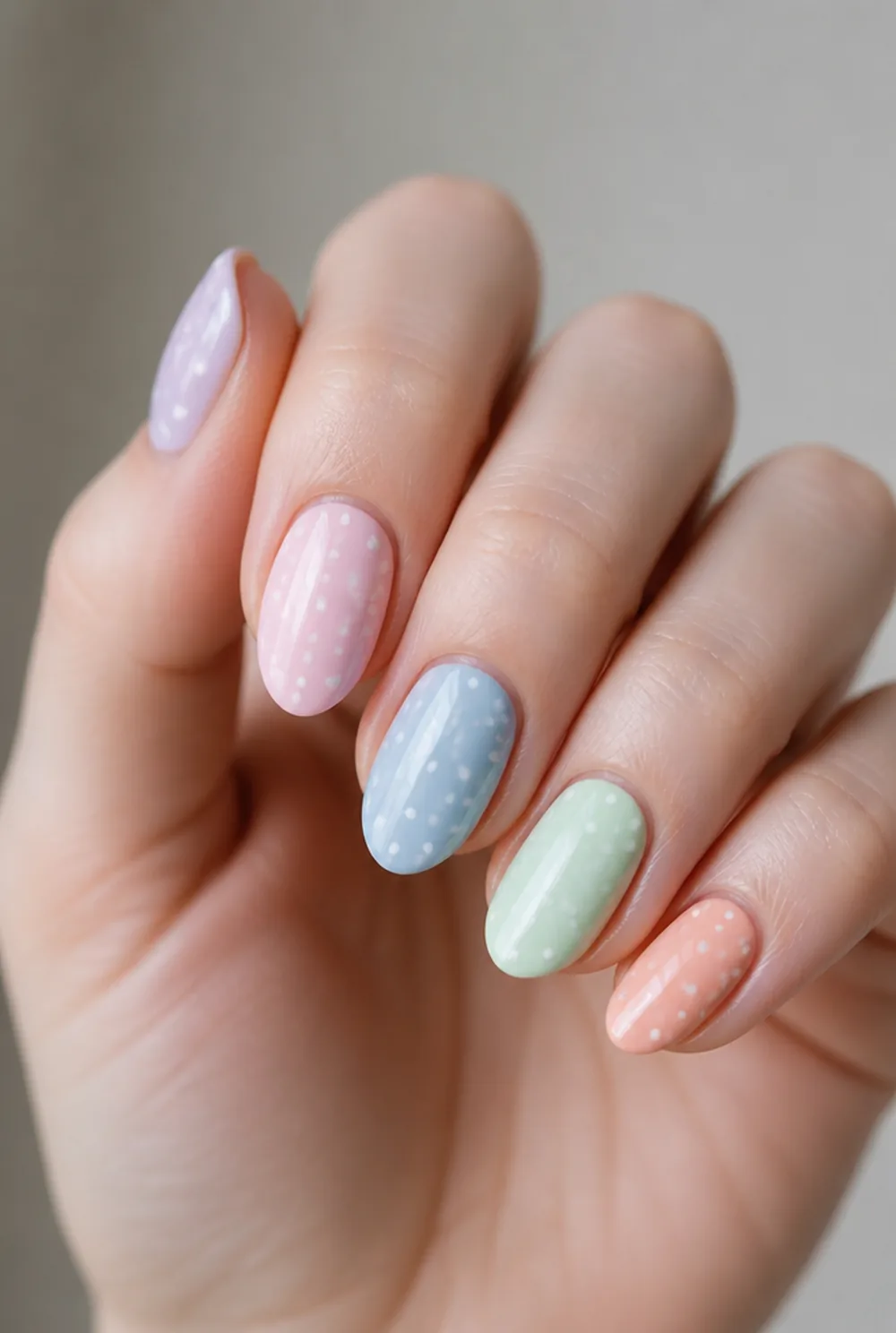 tiny polka dots nail art on fair skin short length - PolishedAndPrettyNails.com tiny polka dots nail art on fair skin, short length