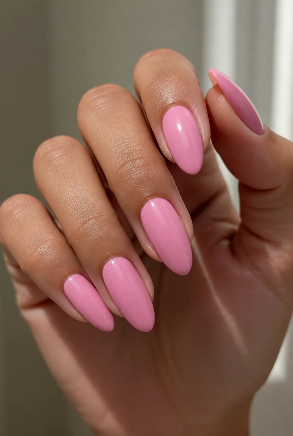 bubblegum pink nail art on olive skin long length - PolishedAndPrettyNails.com bubblegum pink nail art on olive skin, long length