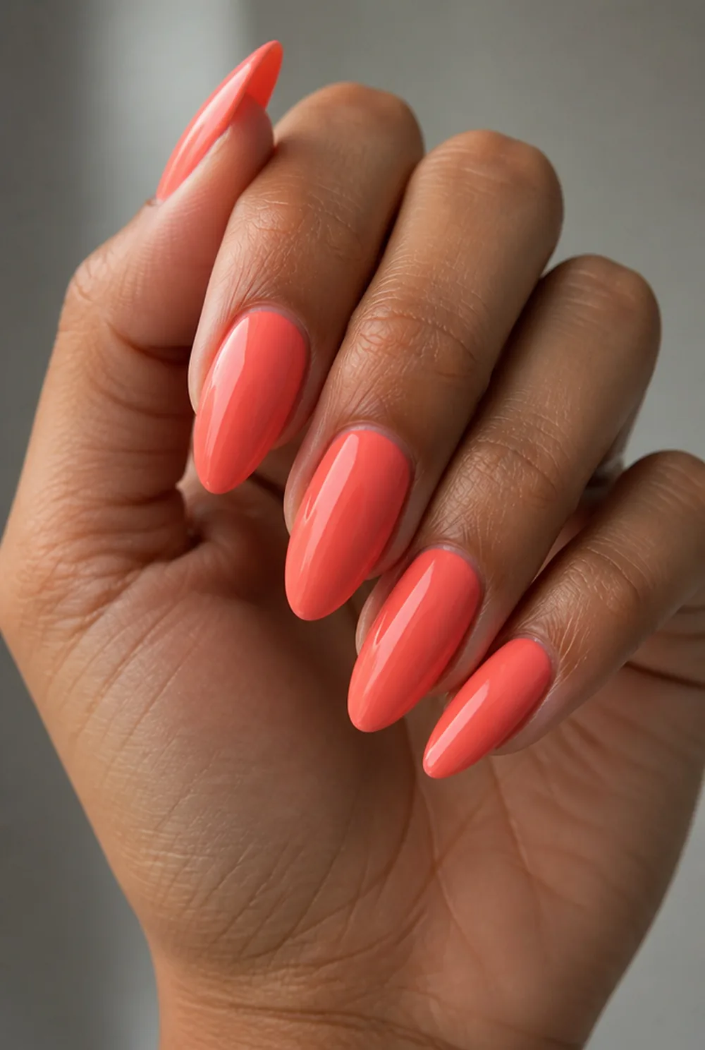 coral nail art on olive skin long length - PolishedAndPrettyNails.com coral nail art on olive skin, long length