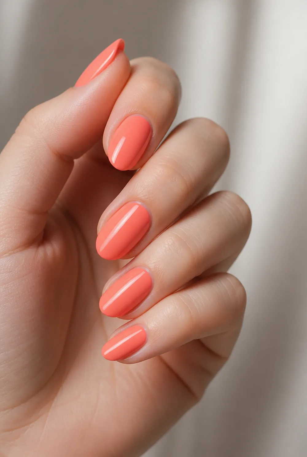 coral nail art on fair skin short length - PolishedAndPrettyNails.com coral nail art on fair skin, short length