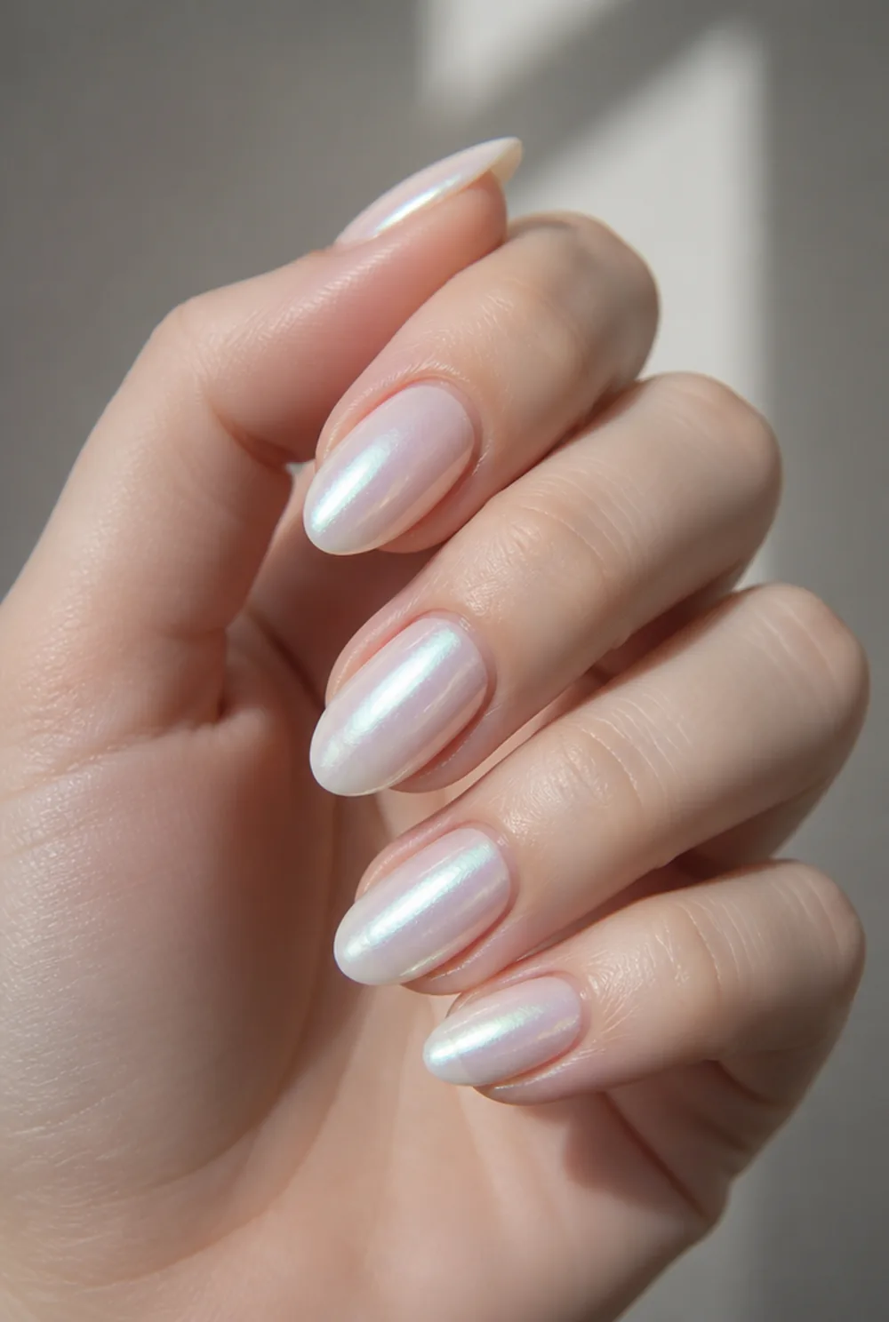 pearl glaze nail art on fair skin short length - PolishedAndPrettyNails.com pearl glaze nail art on fair skin, short length