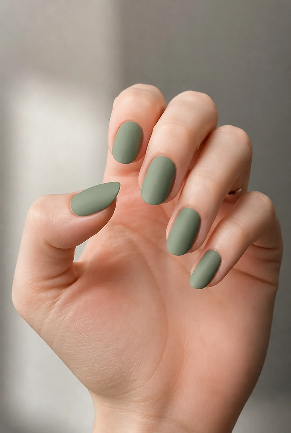 sage green nail art on fair skin short length - PolishedAndPrettyNails.com sage green nail art on fair skin, short length