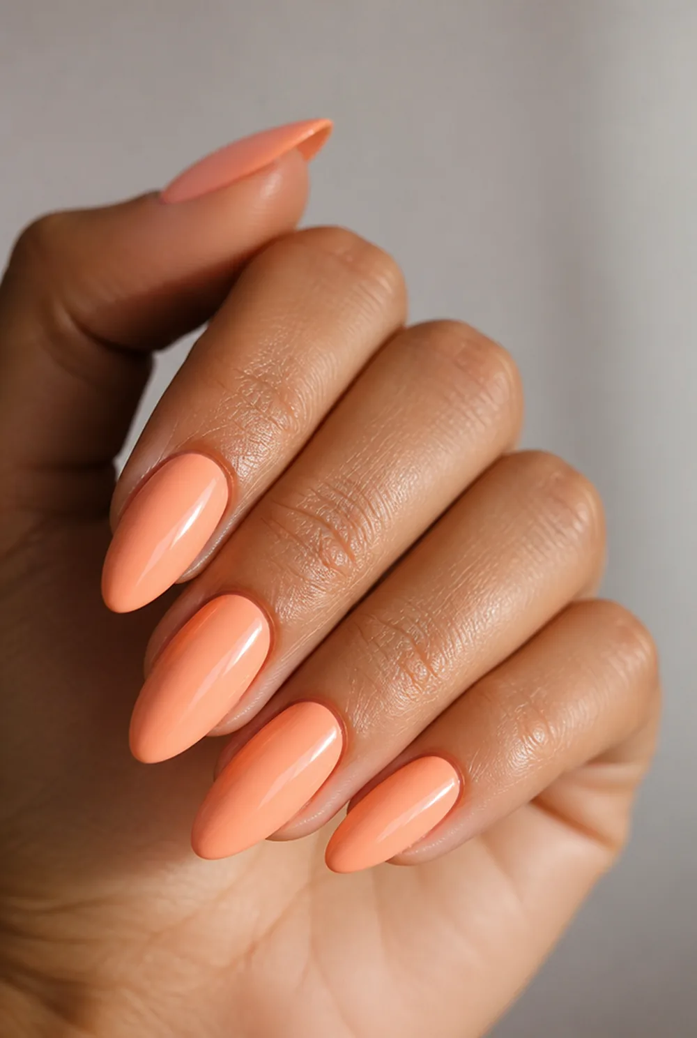 peach nail art on olive skin long length - PolishedAndPrettyNails.com peach nail art on olive skin, long length