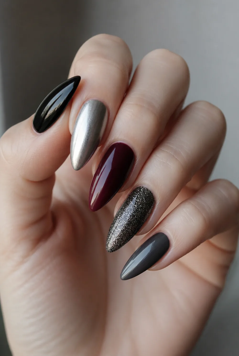 press-on stiletto nail art on fair skin, short length