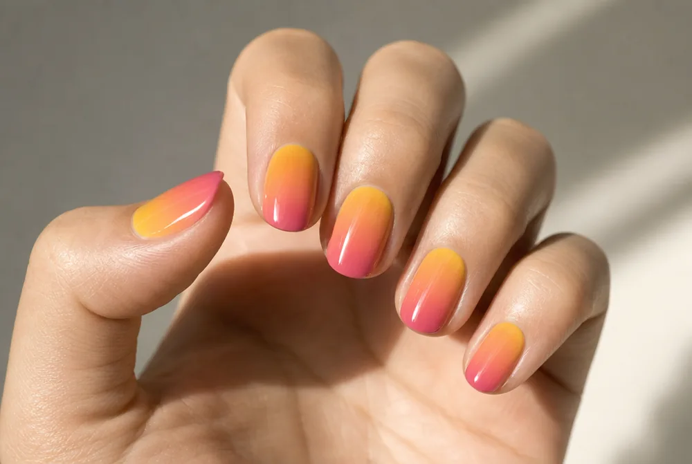 sunset ombre nails fading yellow to orange to pink