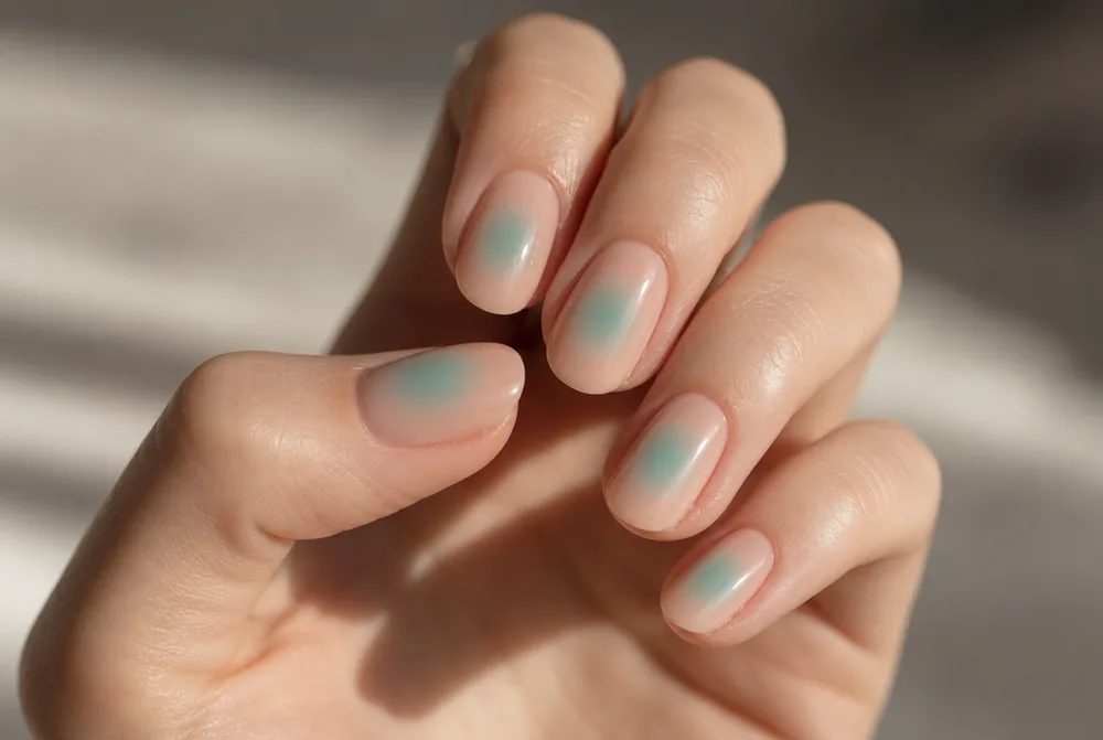 teal aura nails with blurred centre glow