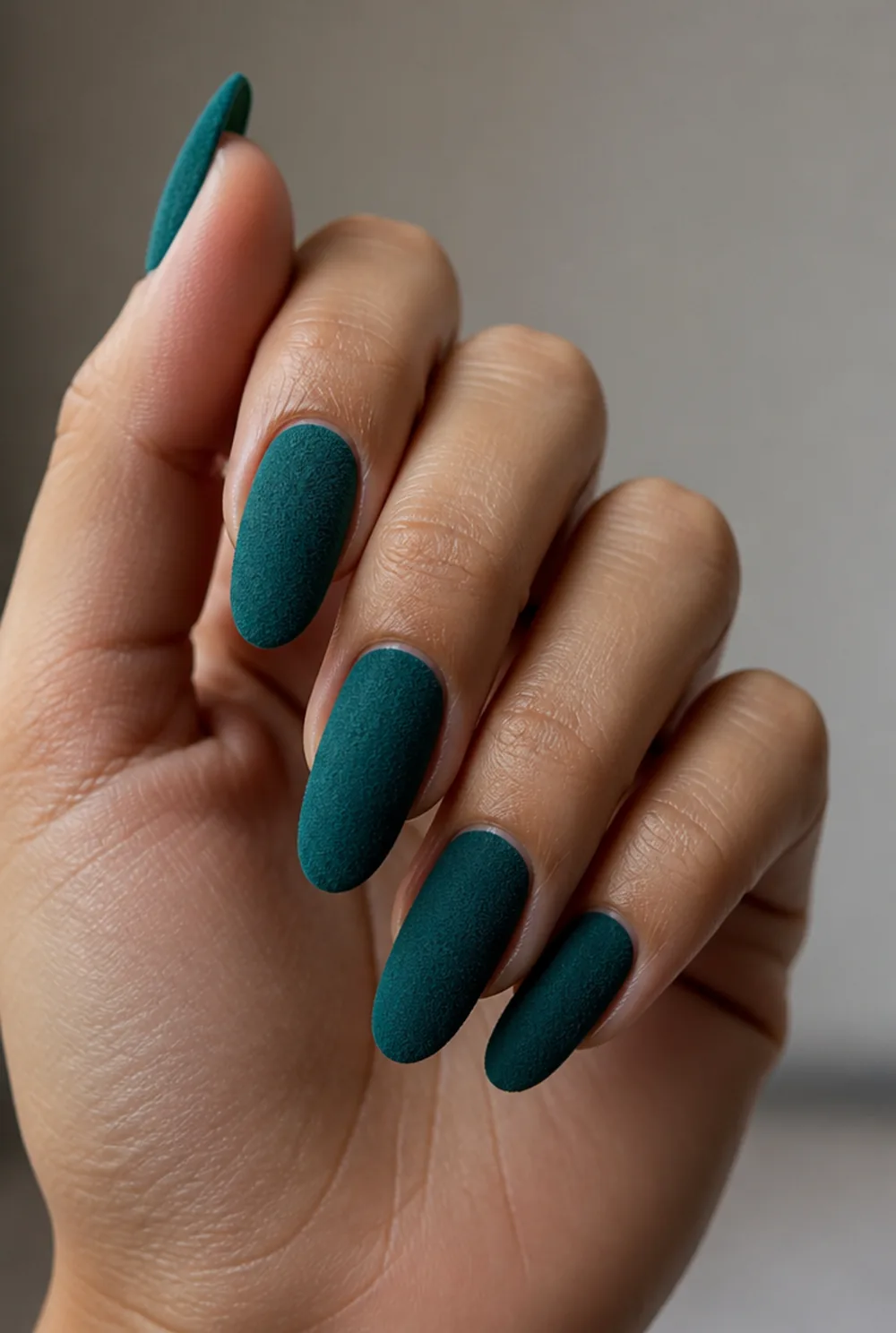 teal matte nail art on olive skin, long length