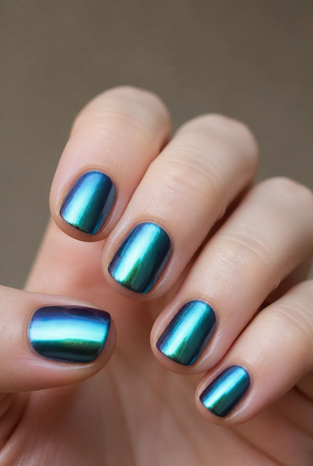 teal chrome nail art on fair skin, short length