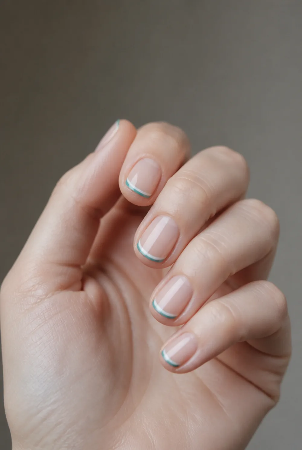teal french tip nail art on fair skin, short length