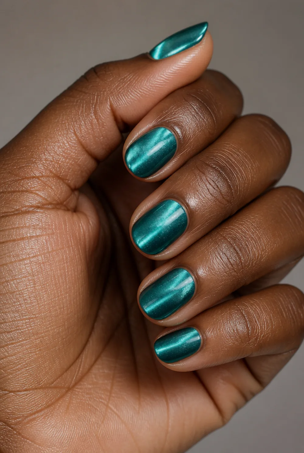 teal cat eye nail art on deep brown skin