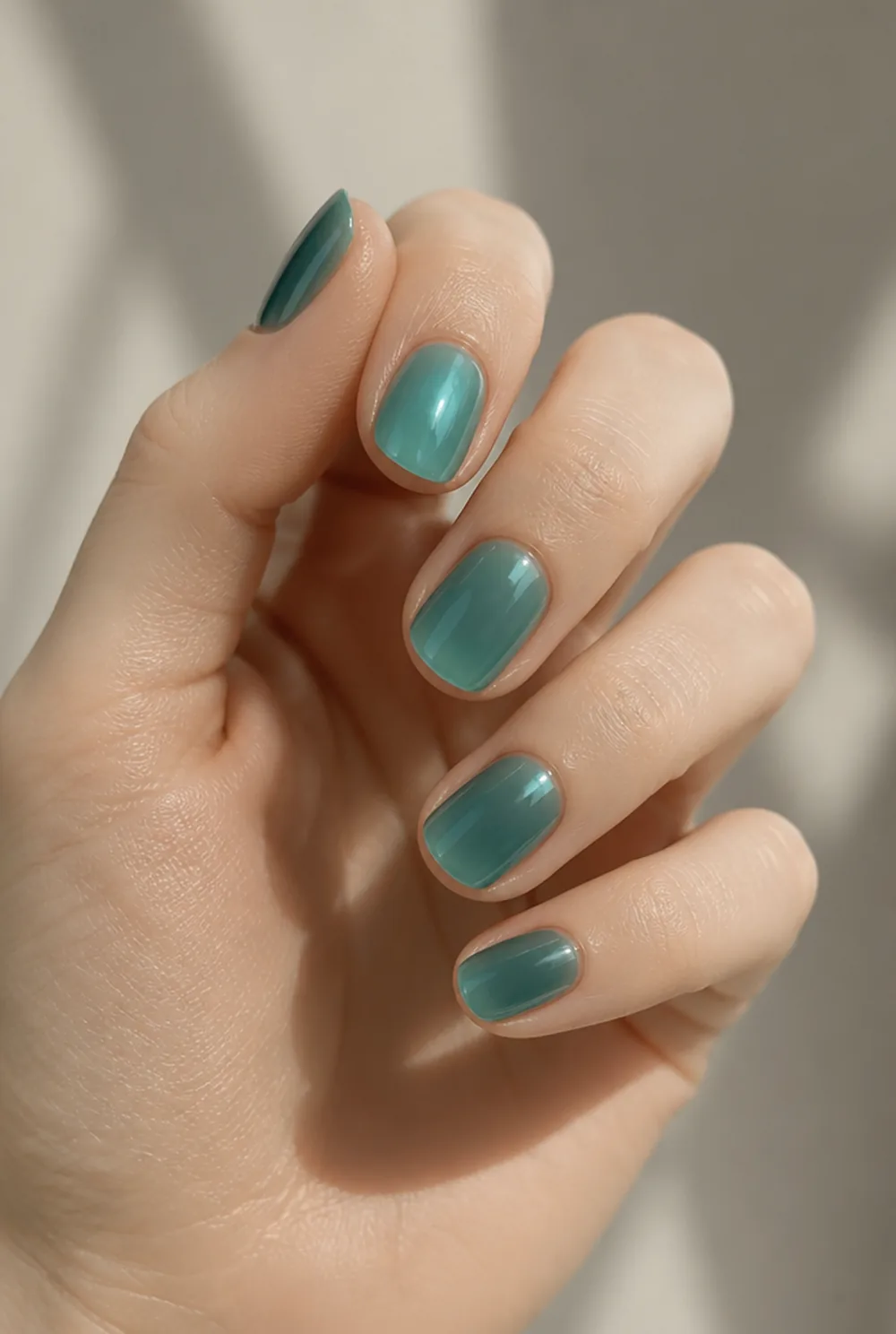 sheer teal jelly nail art on fair skin, short length