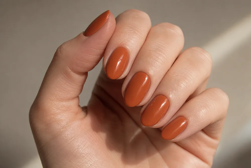 terracotta orange nails on short almond shape