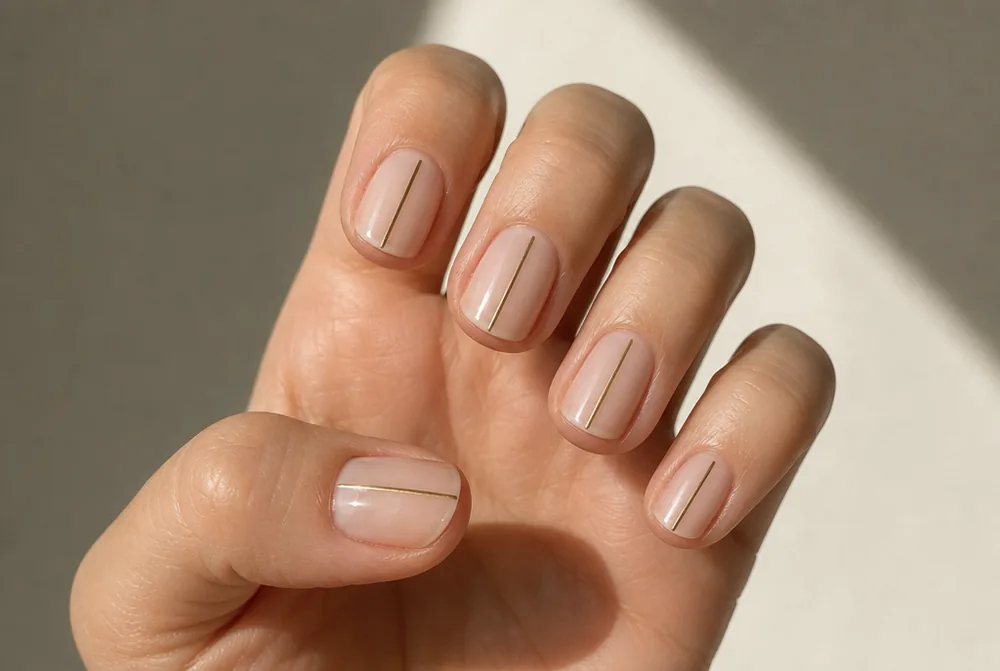 thin gold line nail art on nude base