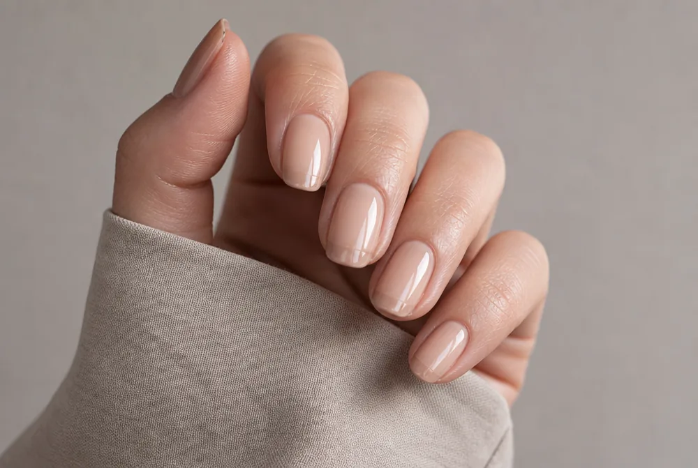 tonal nude French tip nails on sheer nude base