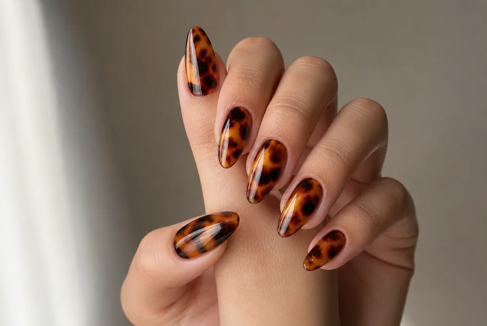 tortoiseshell almond nails in amber and brown