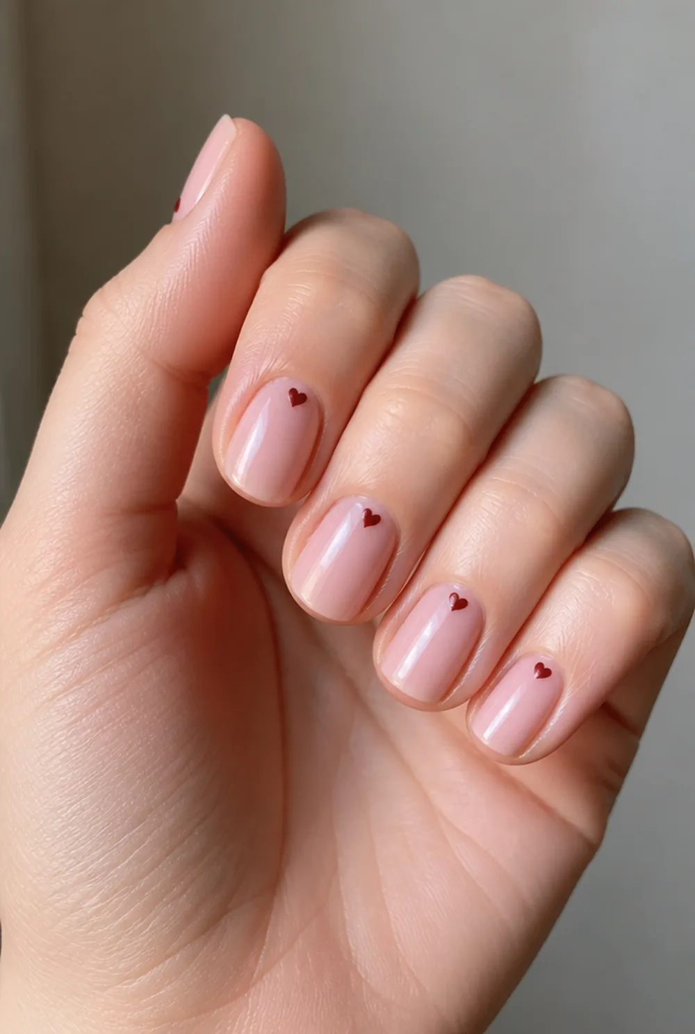 single tiny heart nail art on fair skin, short length