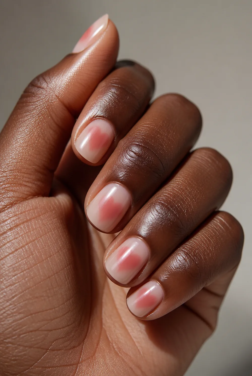 blurred heart nail art on deep brown skin
