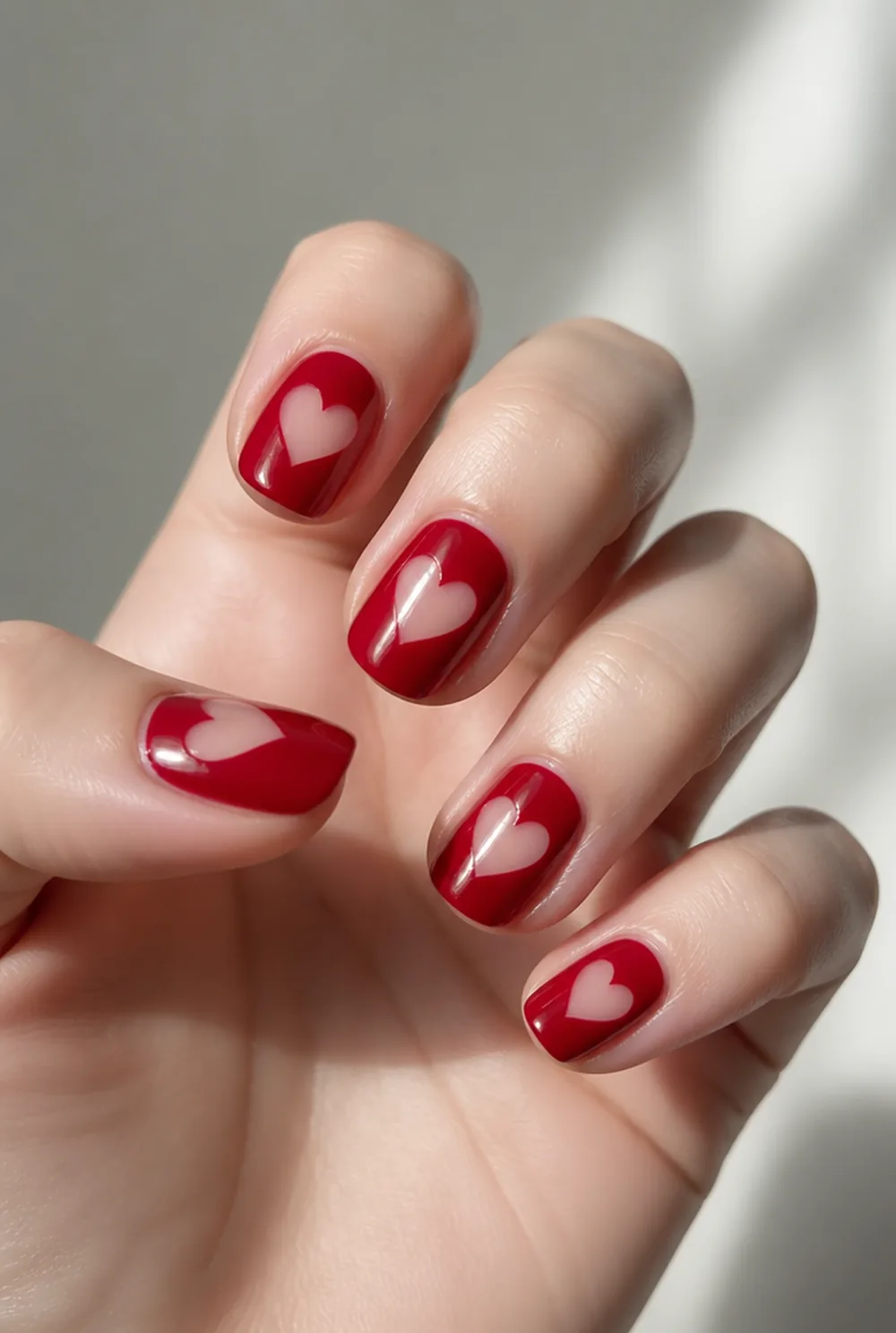 negative space heart nail art on fair skin, short length