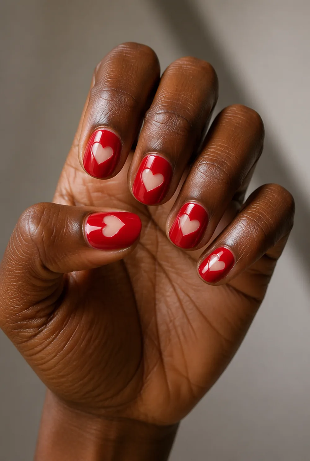 negative space heart nail art on deep brown skin