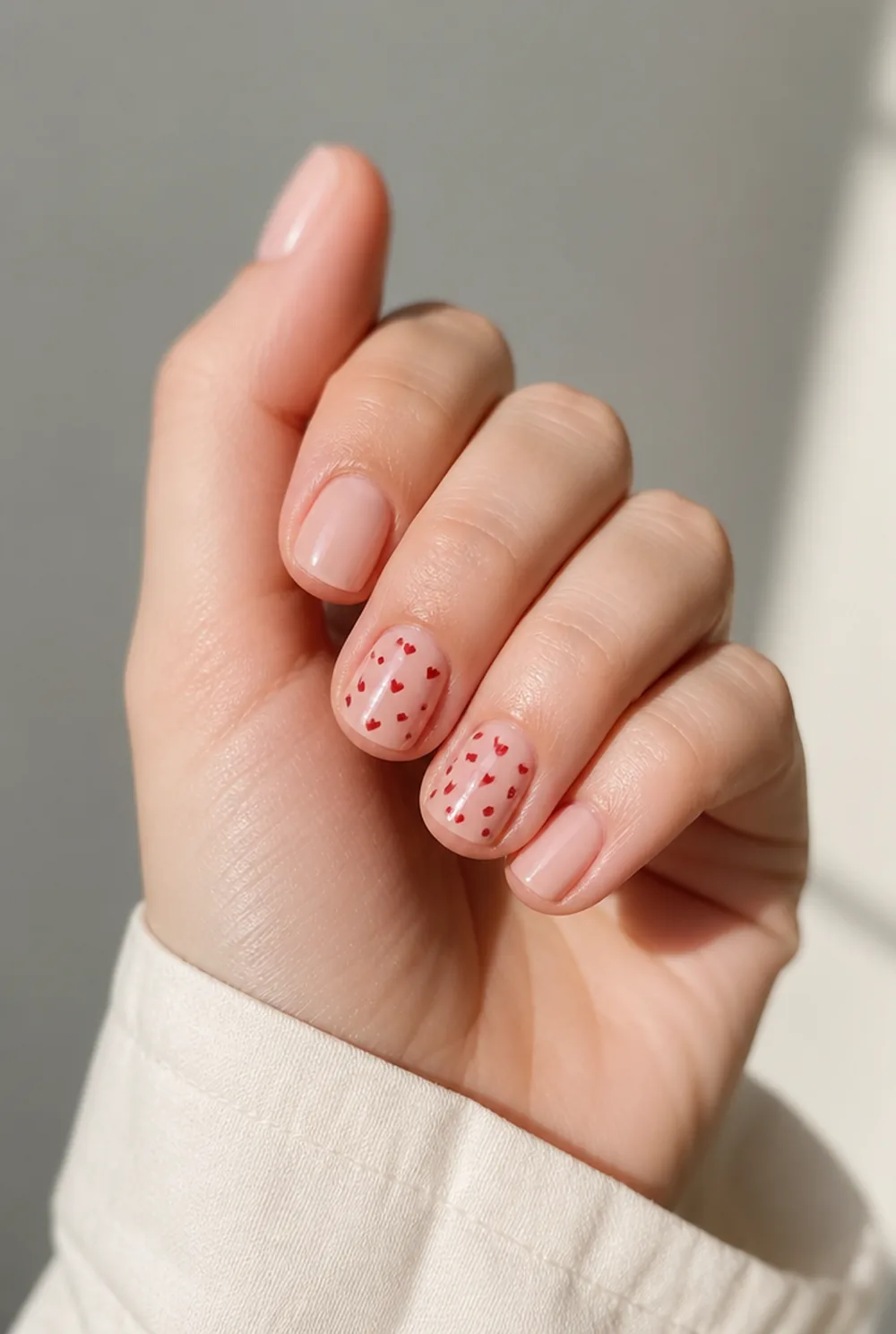 scattered micro hearts nail art on fair skin, short length