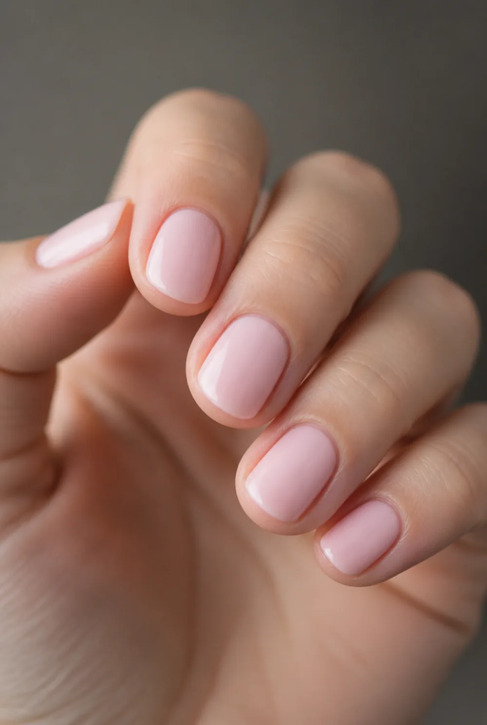 milky pink nail art on fair skin, short length