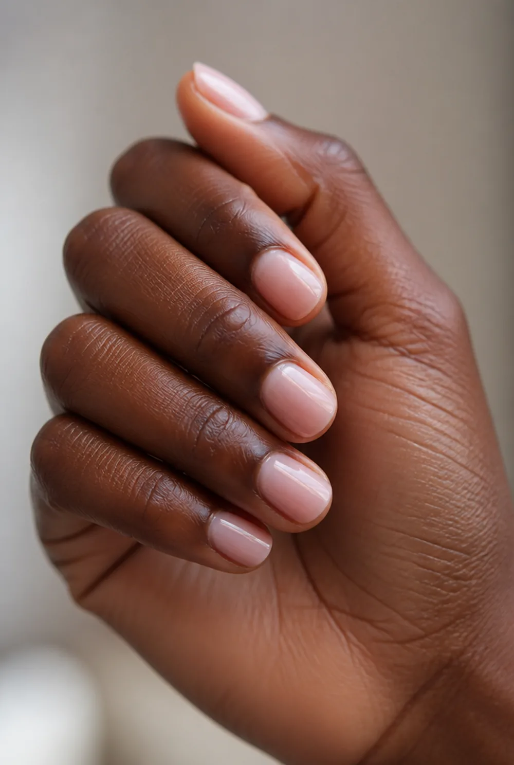 milky pink nail art on deep brown skin