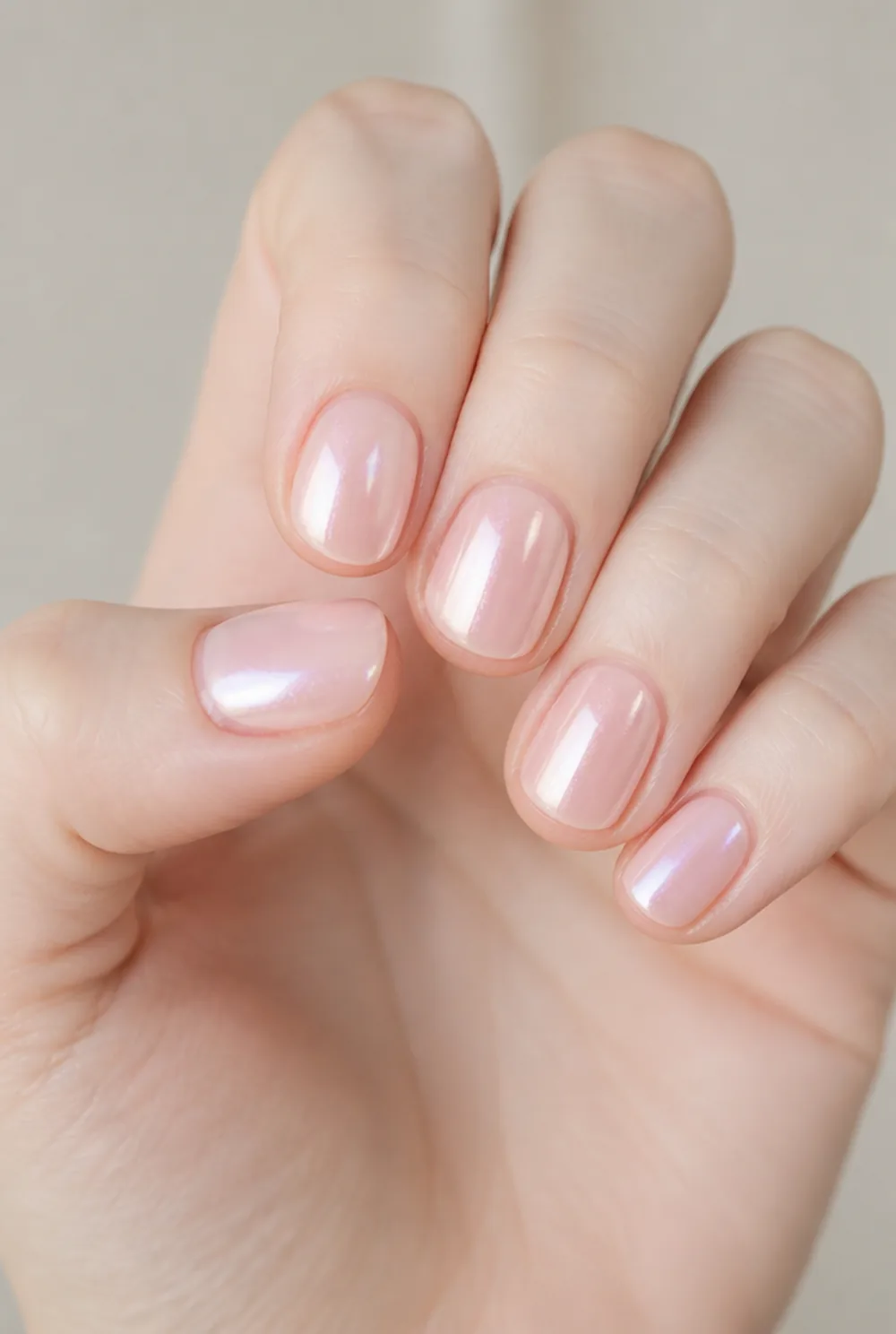 pink glazed pearl nail art on fair skin, short length