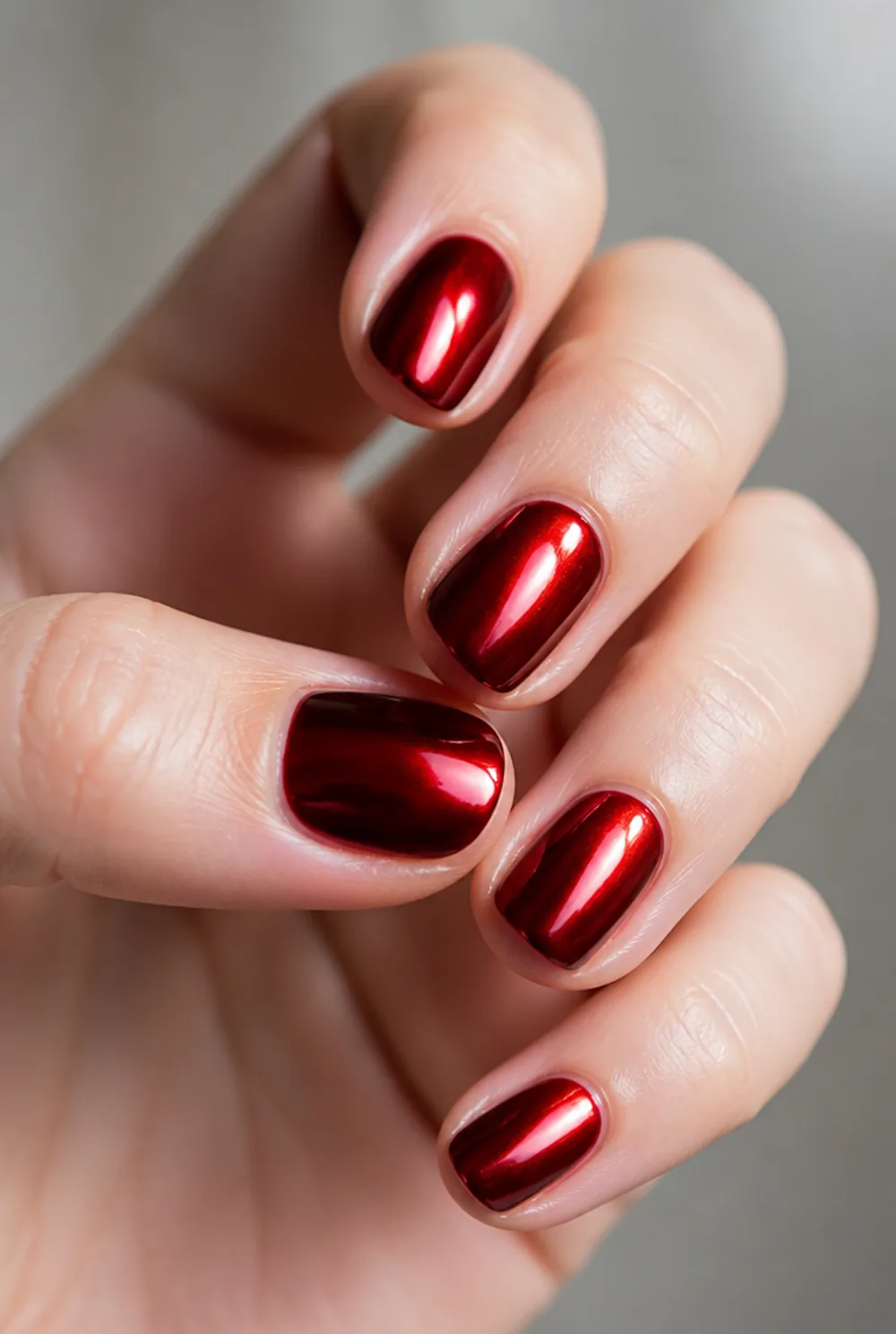 red chrome nail art on fair skin, short length
