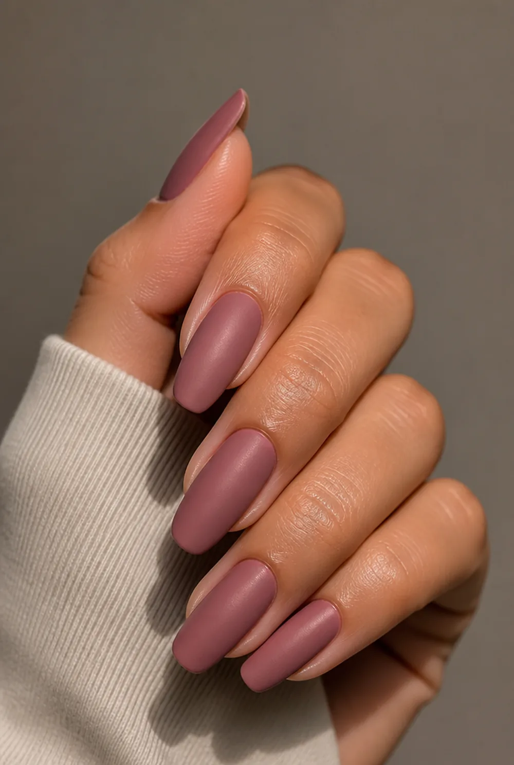 dusty rose nail art on olive skin, long length