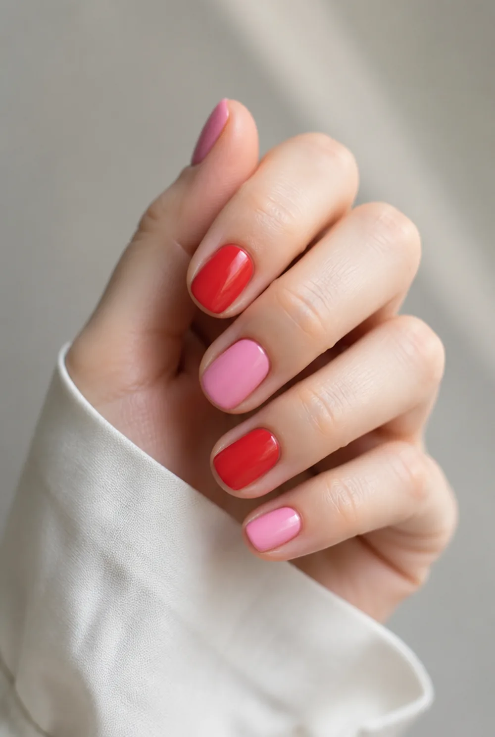 alternating pink and red nail art on fair skin, short length
