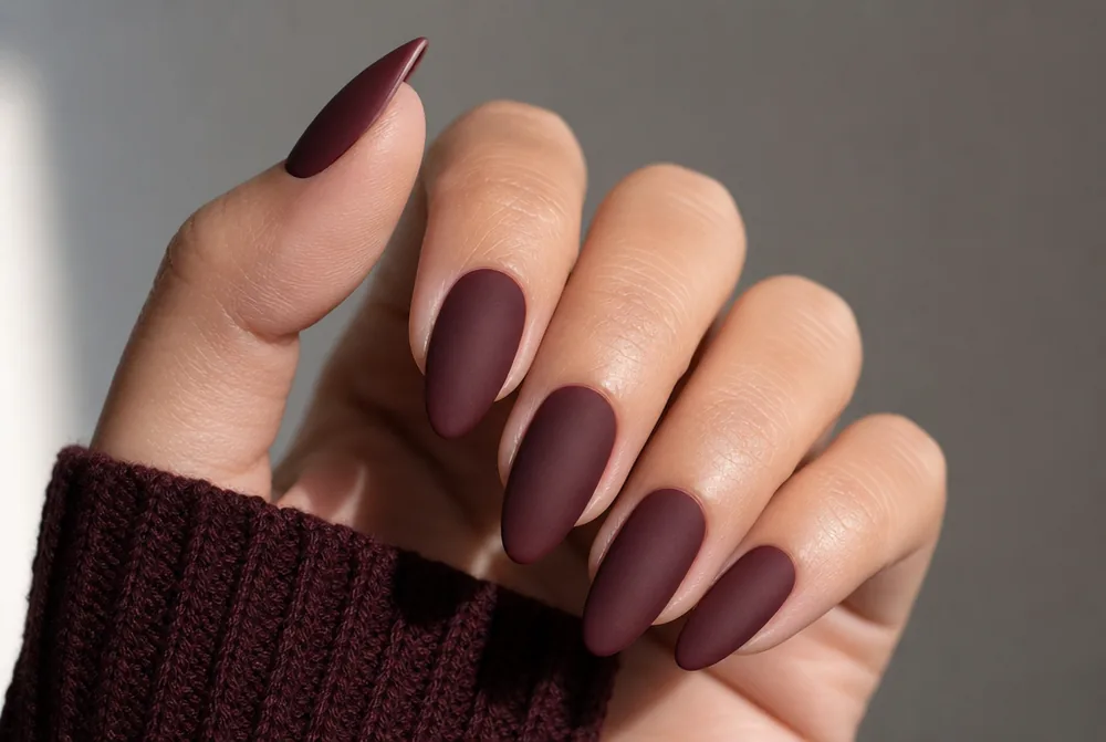 velvet matte almond nails on medium length