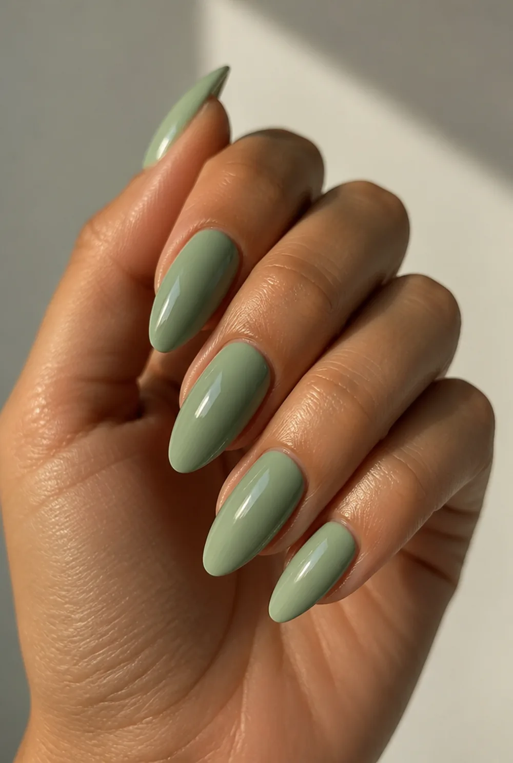 soft sage nail art on olive skin long length - PolishedAndPrettyNails.com soft sage nail art on olive skin, long length