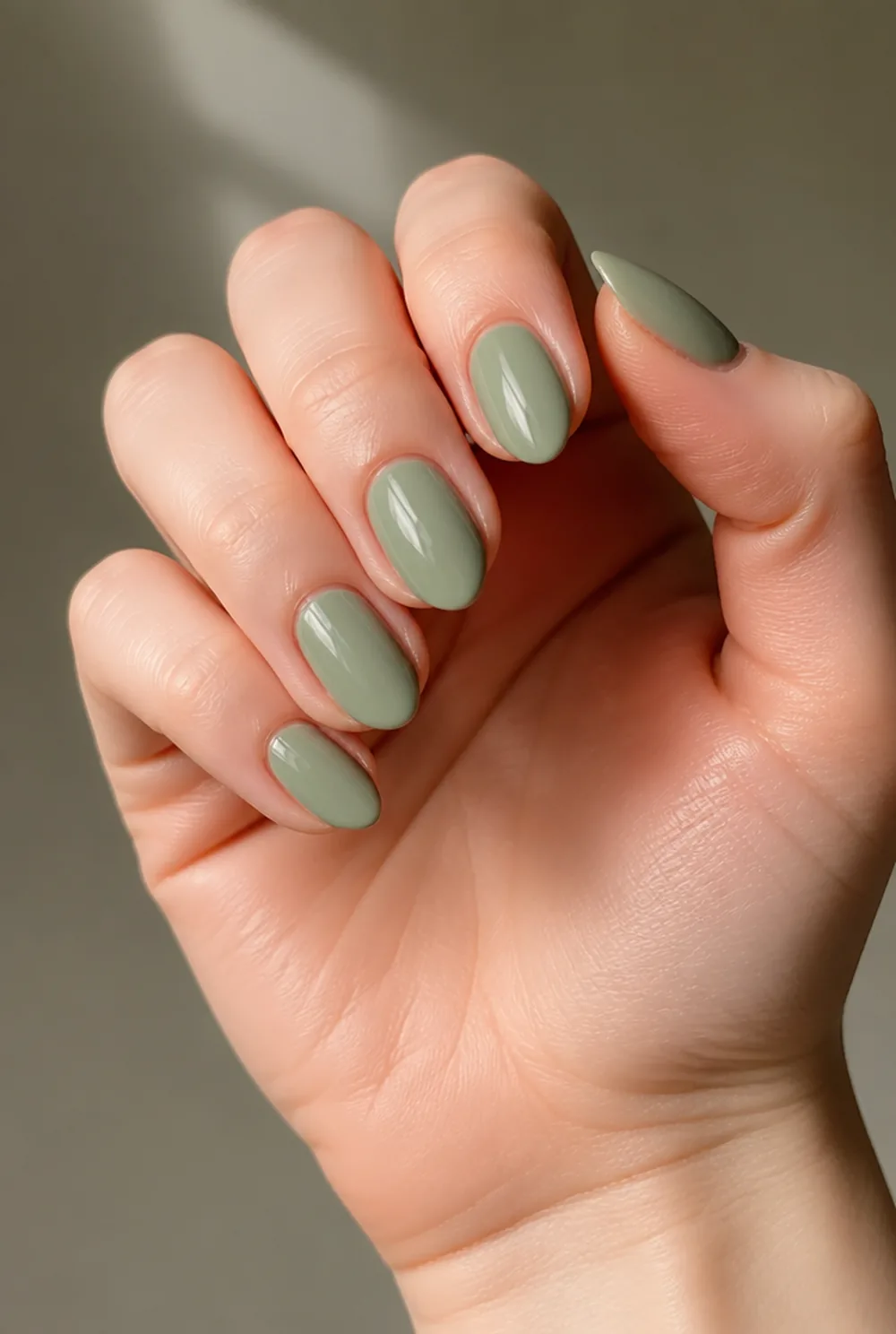 soft sage nail art on fair skin short length - PolishedAndPrettyNails.com soft sage nail art on fair skin, short length