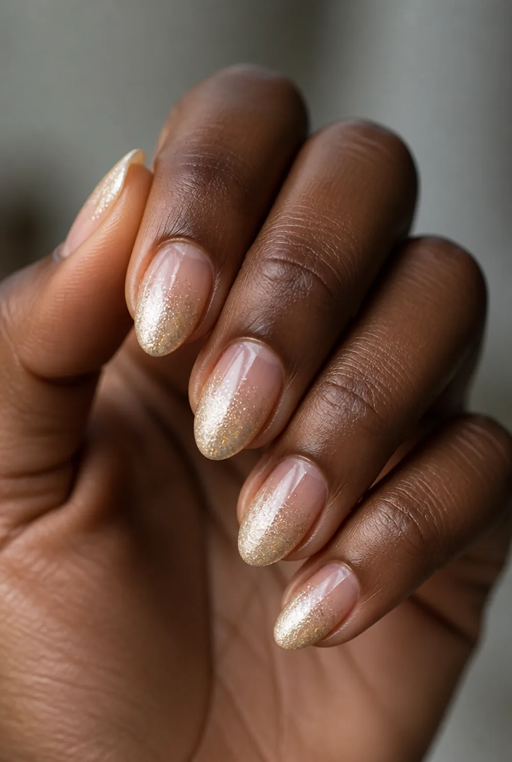 champagne glitter ombre nail art on deep brown skin - PolishedAndPrettyNails.com champagne glitter ombre nail art on deep brown skin