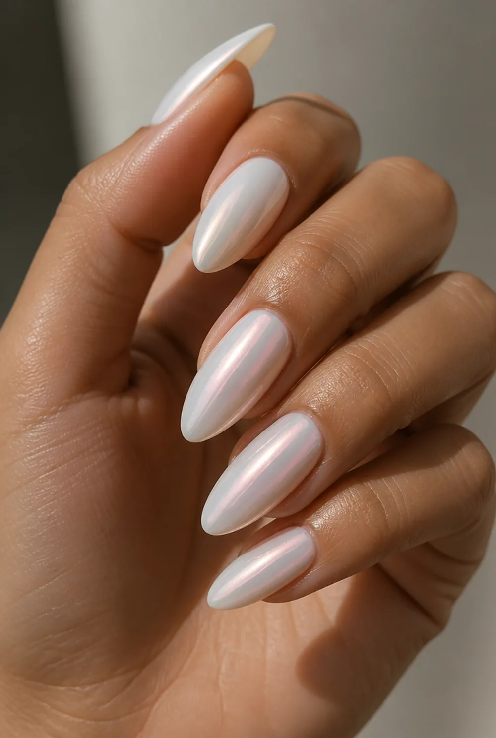 pearl glaze nail art on olive skin long length - PolishedAndPrettyNails.com pearl glaze nail art on olive skin, long length