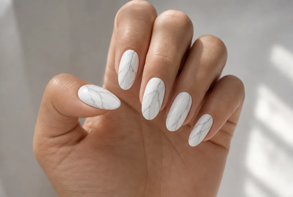 white and grey marble oval nails