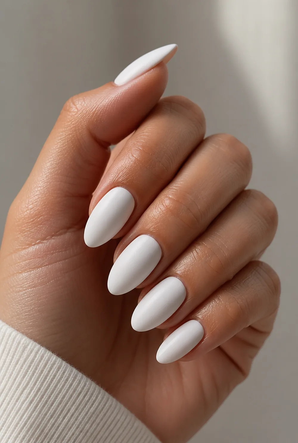 white velvet matte nail art on olive skin, long length