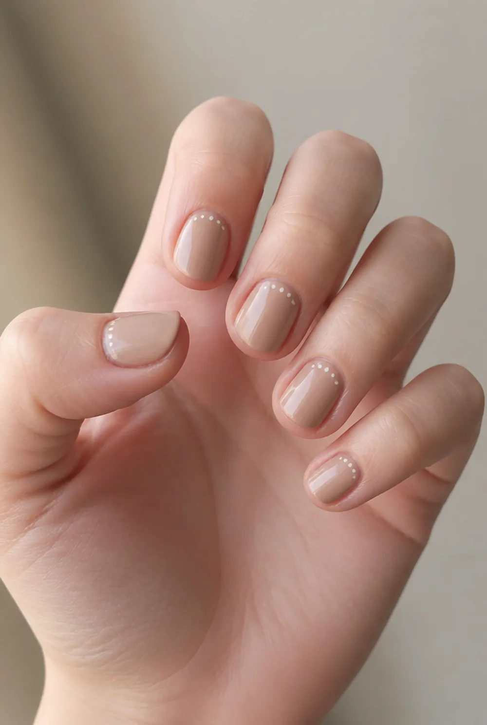 white dot cluster nail art on fair skin, short length