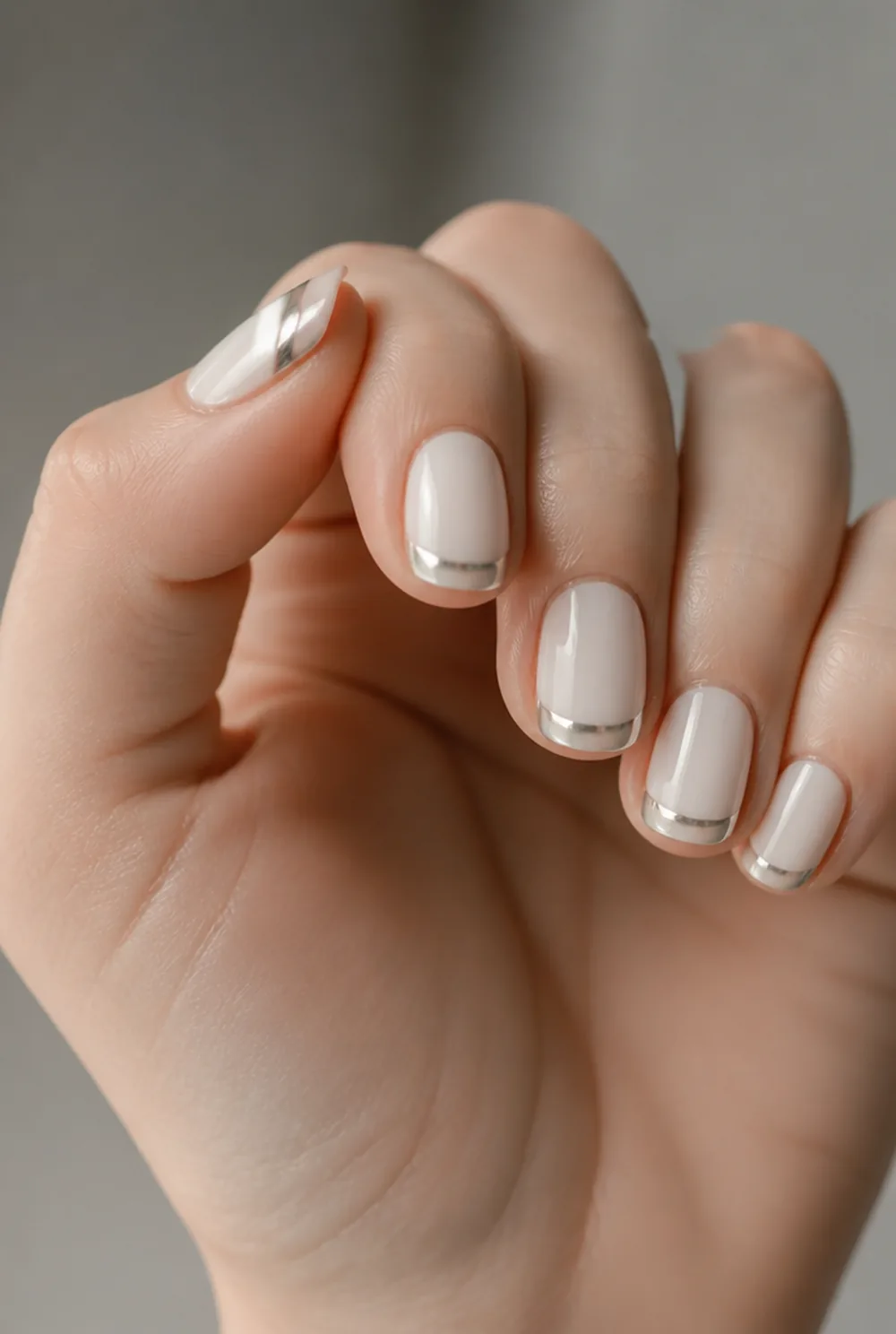 milky white with chrome tips nail art on fair skin, short length